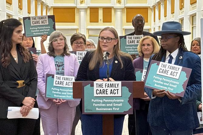 State Rep. Jen O'Mara speaks at a March event on paid family leave legislation.