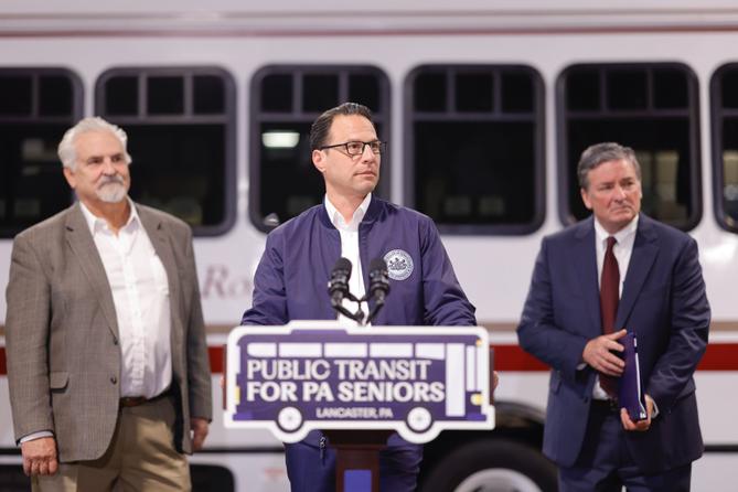 Gov. Josh Shapiro promotes his transit funding plan, which includes money for shared-ride services.