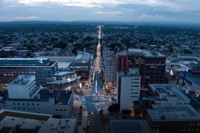 An aerial photo of downtown Allentown, Pennsylvania, at dusk.