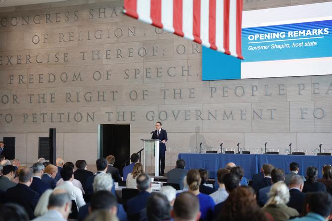 Shapiro makes opening remarks at a 2025 summit of the 13 states served by PJM, the regional power grid operator.