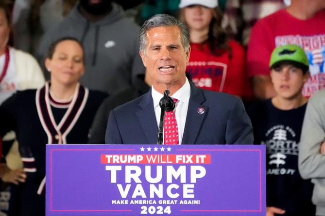 U.S. Rep. Dan Meuser (R., PA) speaks at a campaign rally for JD Vance on Monday, Nov. 4, 2024, in Newtown, PA.