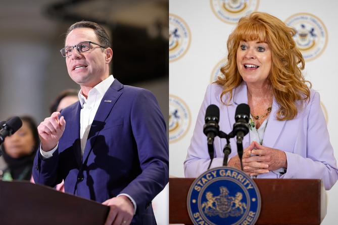 Gov. Josh Shapiro (left) and PA Treasurer Stacy Garrity