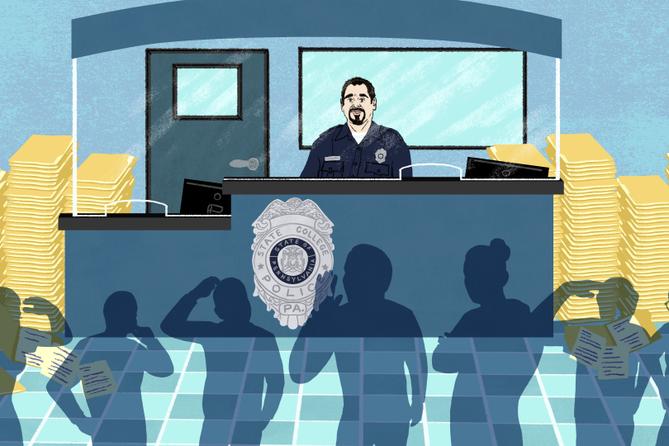 An illustration of a police officer behind an information desk with shadows looking confused in the foreground.