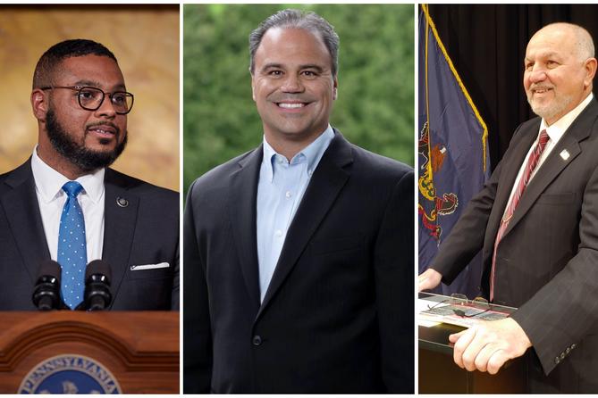 The 2026 primary candidates for lieutenant governor. From left, Democrat Austin Davis, Republican Jason Richey, and Republican John Ventre.