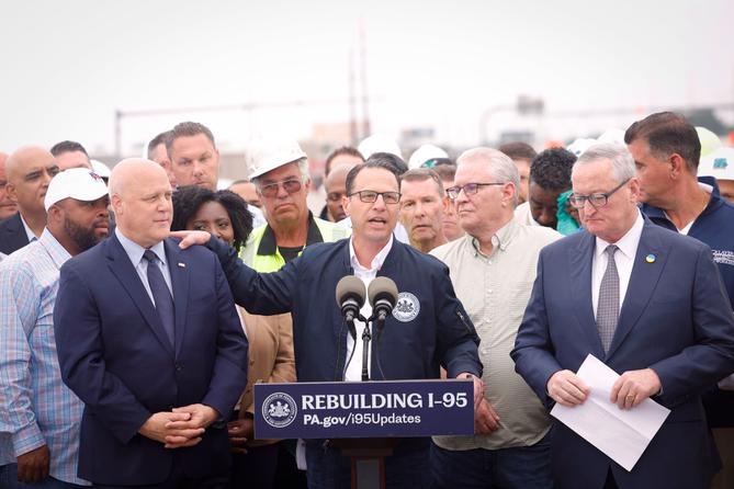 Pennsylvania Gov. Josh Shapiro speaks at a June 2023 news conference after the reopening of part of I-95. Pennsylvania Gov. Josh Shapiro speaks at a June 2023 news conference after the reopening of part of I-95.