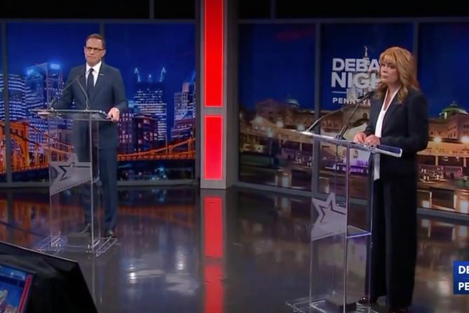 A screenshot of the debate between Gov. Josh Shapiro and Treasurer Stacy Garrity A screenshot of the debate between Gov. Josh Shapiro and Treasurer Stacy Garrity