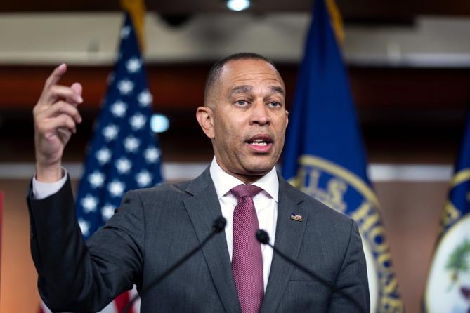 House Minority Leader Hakeem Jeffries, D-N.Y., speaks to reporters ahead of an address by President Donald Trump, Thursday, July 16, 2026, at the Capitol in Washington. House Minority Leader Hakeem Jeffries, D-N.Y., speaks to reporters ahead of an address by President Donald Trump, Thursday, July 16, 2026, at the Capitol in Washington.