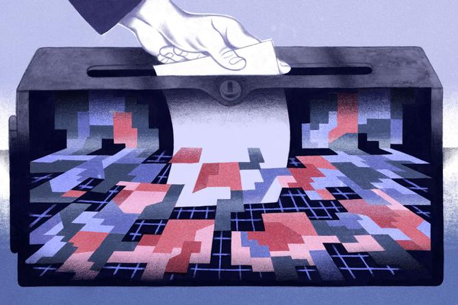 Illustration of a hand inserting a white ballot into a dark ballot box filled with colorful geometric shapes.