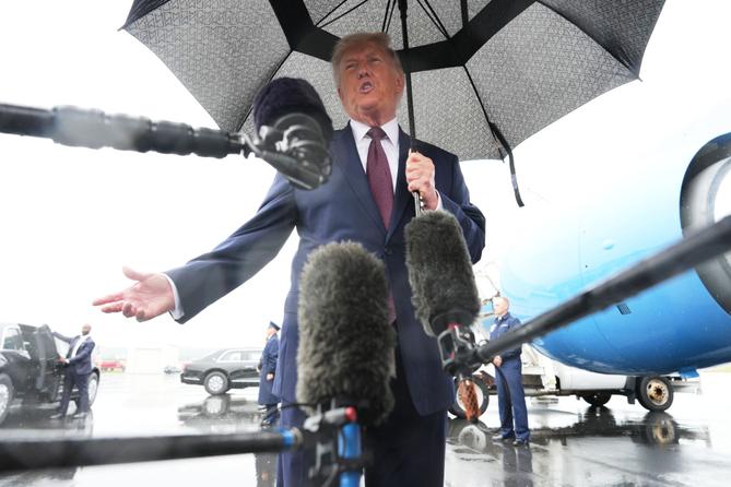 President Donald Trump speaks to the media after disembarking Air Force One at Reading Regional Airport, Tuesday, June 23, 2026. President Donald Trump speaks to the media after disembarking Air Force One at Reading Regional Airport, Tuesday, June 23, 2026.