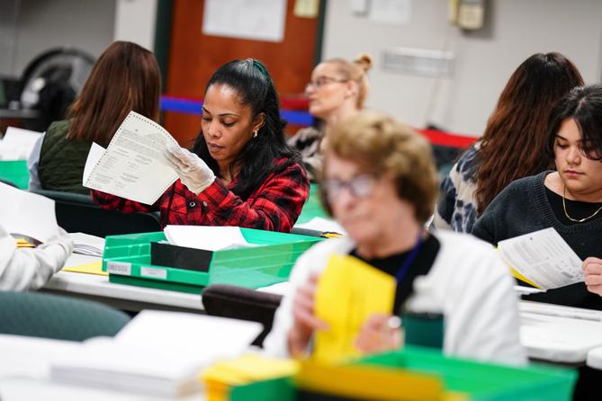 Workers sort mail ballots at the Lehigh County Government Center in Allentown on Nov. 8, 2022.