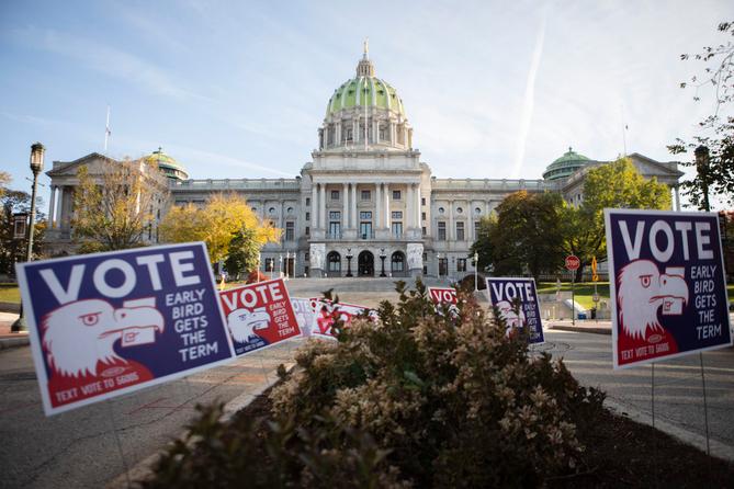Pennsylvania’s capitol building in Harrisburg on the morning of Election Day. November 3, 2020. Pennsylvania’s capitol building in Harrisburg on the morning of Election Day. November 3, 2020.