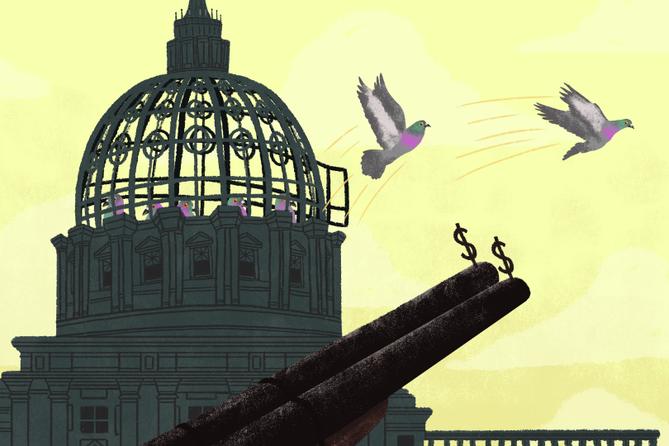 An illustration of a gun adorned with dollar signs aiming at pigeons flying from the Pa. Capitol.
