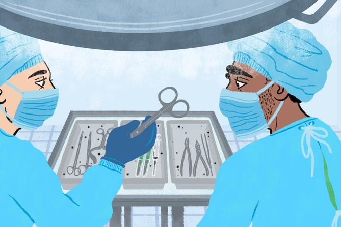 An illustration of two people looking at surgical tools. An illustration of two people looking at surgical tools.