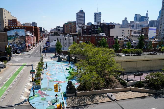 Shown is a bridge on 10th Street that spans Interstate 676, which bisects the Chinatown neighborhood of Philadelphia. Shown is a bridge on 10th Street that spans Interstate 676, which bisects the Chinatown neighborhood of Philadelphia.