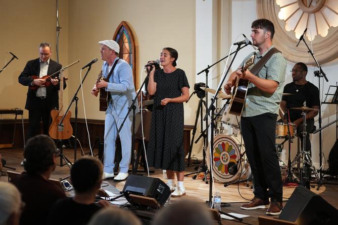 Conrad Fisher, Rose Stoltzfus and Ben Stoltzfus perform at Ragamuffin Hall in McCoysville, Pa., Saturday, April 25, 2026.