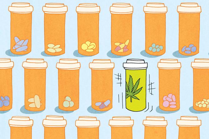 Pill bottles in a grid. One bottle has a marijuana leaf label on it.