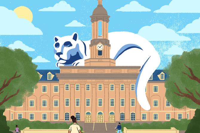 An illustration of the Nittany Lion sleeping on top of Old Main.