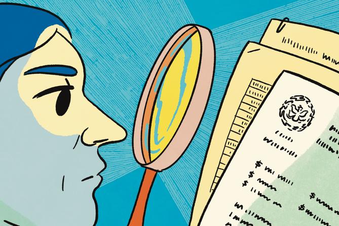 Man peering at documents through magnifying glass.