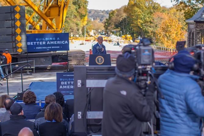 President Joe Biden at the site of the Fern Hollow Bridge collapse in Pittsburgh.