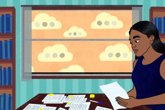 An illustration of a woman reviewing documents in a library with text bubble clouds outside the window.