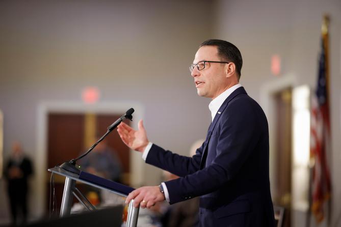 Pennsylvania Gov. Josh Shapiro delivers remarks in Harrisburg.