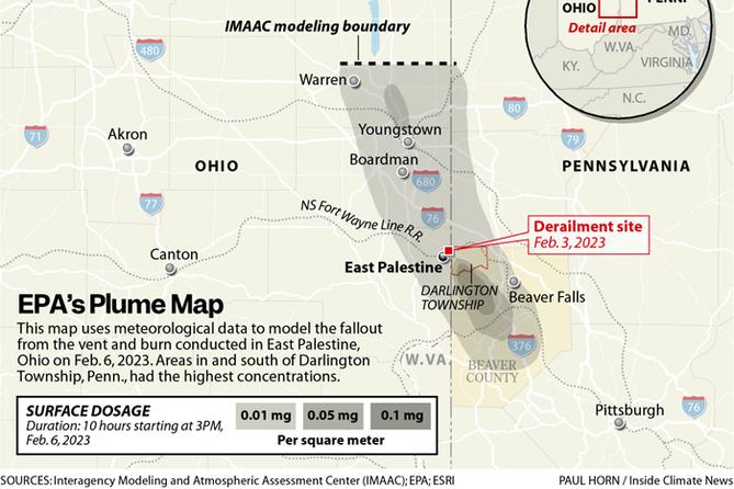 The Environmental Protection Agency’s plume map of the soot released by the vent and burn.