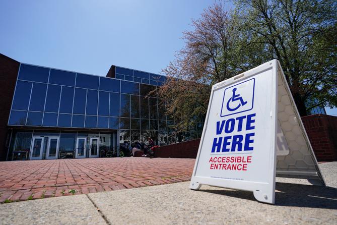 A voting location sign is displayed outside Allentown Public Library in Lehigh County, Pennsylvania.
