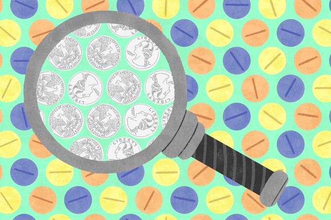 Illustration of a magnifying glass, showing pills changing to coins.