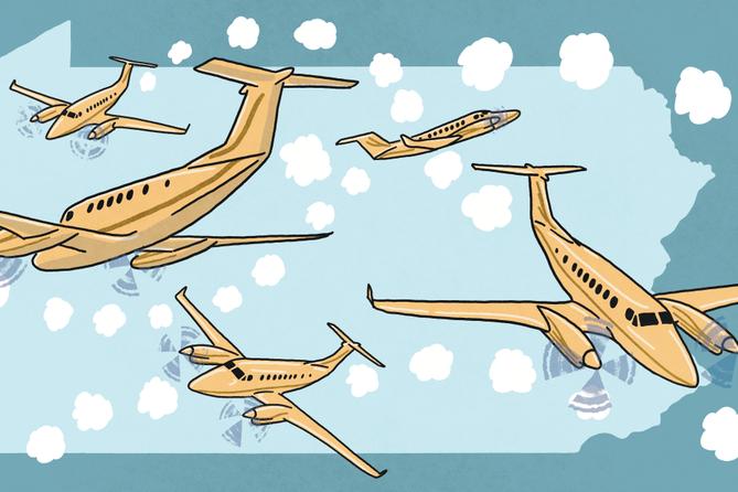 An illustration of planes flying across Pennsylvania.