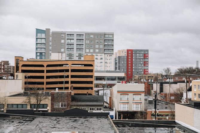 A view of buildings in downtown State College, Pennsylvania.