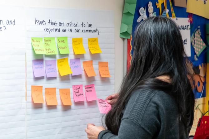 Listening session participant looking at a wall with sticky notes holding a pink sticky note with the words road, project, updates written on it. Listening session participant looking at a wall with sticky notes holding a pink sticky note with the words road, project, updates written on it.