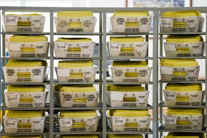 Workers sort mail ballots on Nov. 5, 2024, at Northampton County Courthouse in Easton, Pennsylvania. Workers sort mail ballots on Nov. 5, 2024, at Northampton County Courthouse in Easton, Pennsylvania.