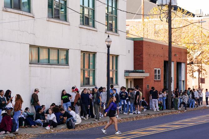 People wait in line to vote Nov. 5, 2024, at the Banana Factory in Bethlehem, Northampton County, Pennsylvania.
