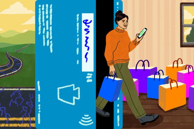 An illustration of a woman walking away from a crumbling road and out of a credit card with a phone in hand and shopping bags around.