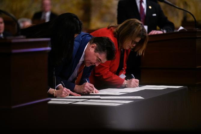 Electors for Donald Trump certify the results of the 2024 presidential election during Pennsylvania's 60th Electoral College in Harrisburg.