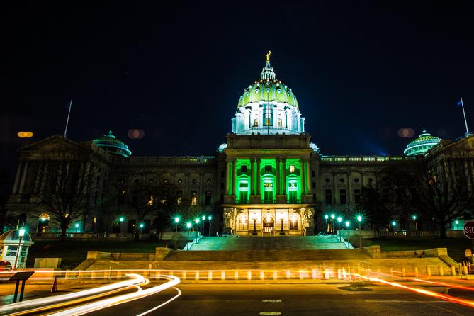 The Pennsylvania Capitol in Harrisburg was lit green in 2016 to celebrate the passage of medical marijuana.