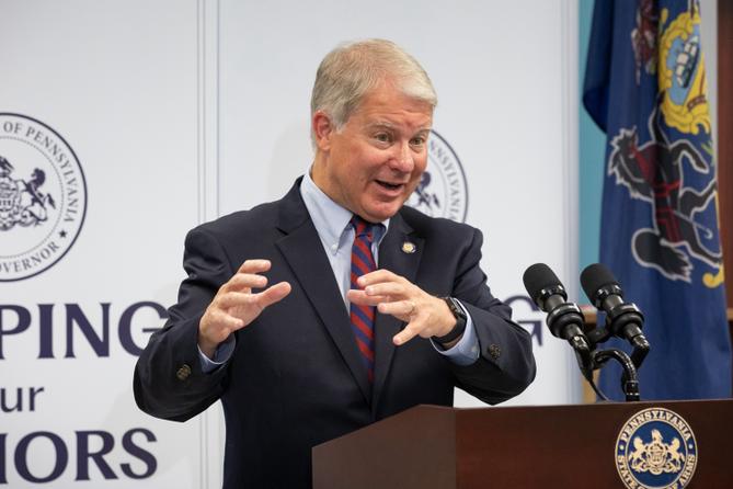State Sen. Dave Argall speaks at a 2023 event for older Pennsylvanians.