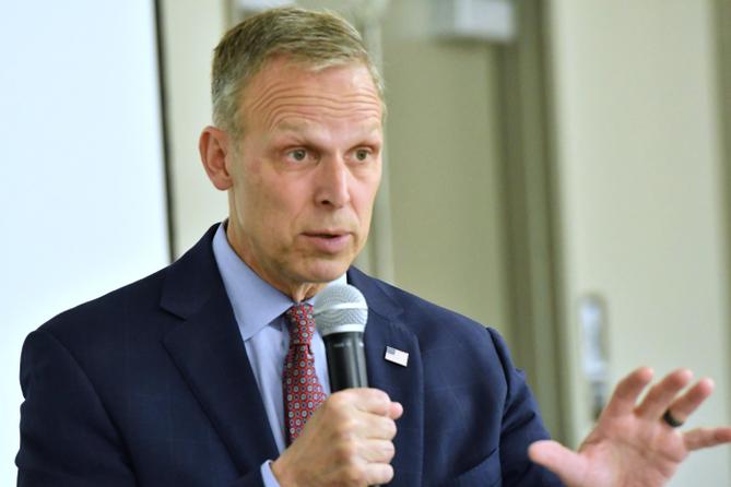 U.S. Rep. Scott Perry, R-Pa., speaks during a campaign event in front of employees at an insurance marketing firm, Oct. 17, 2024, in Harrisburg, Pa.
