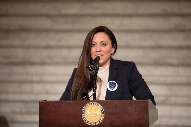 Former Pennsylvania Child Advocate Maryann McEvoy speaks in the state Capitol in 2024.