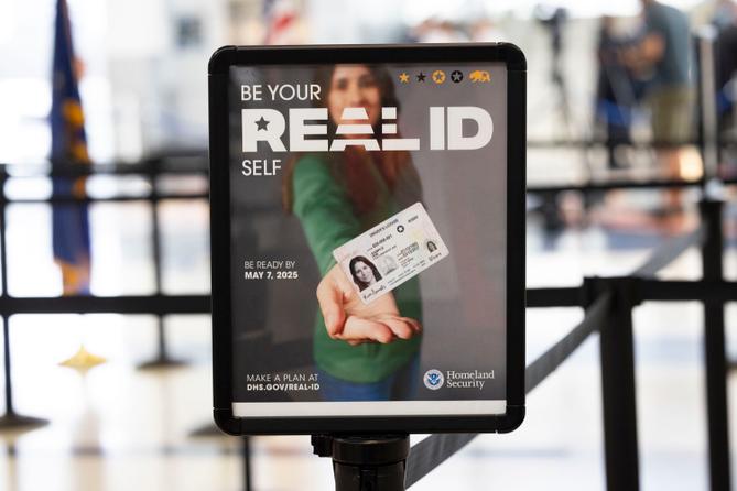 A Homeland Security sign that says, “Be your Real ID self — be ready by May 7, 2025.”