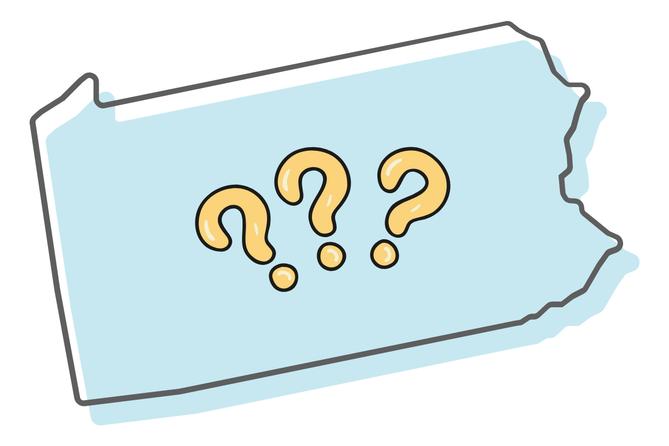 An outline of the Pennsylvania map with three question marks in the middle.