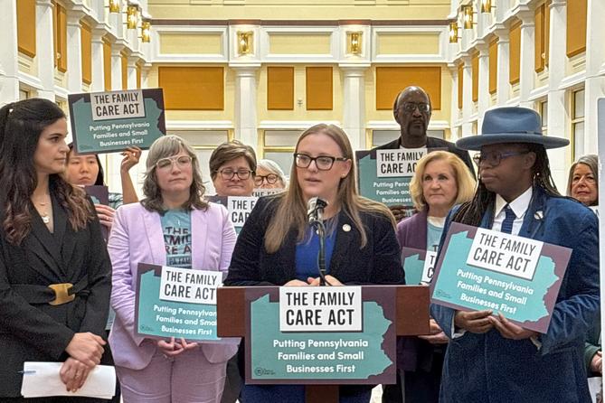 State Rep. Jen O'Mara speaks at a March event on paid family leave legislation.