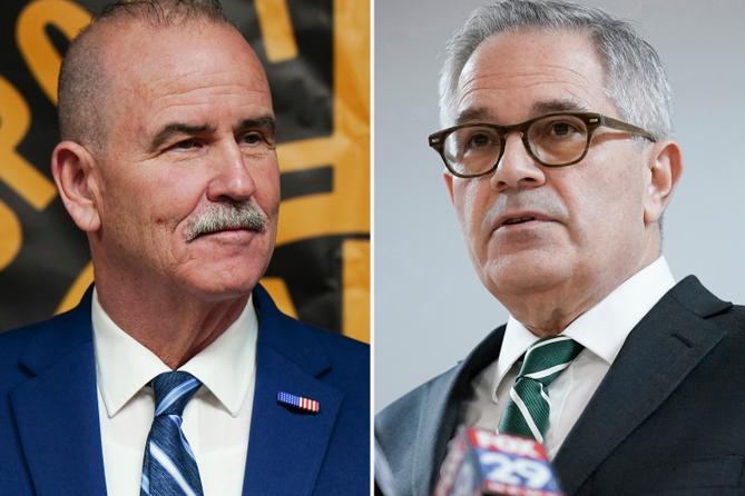 Patrick Dugan (left) and Philadelphia District Attorney Larry Krasner (right)