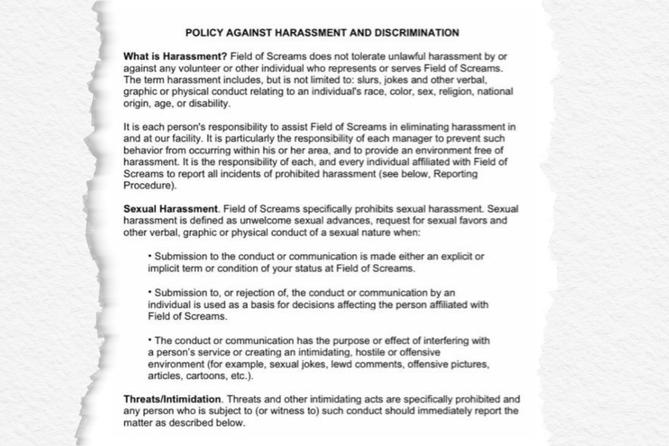 A screenshot of the harassment and discrimination policy for Field of Screams A screenshot of the harassment and discrimination policy for Field of Screams