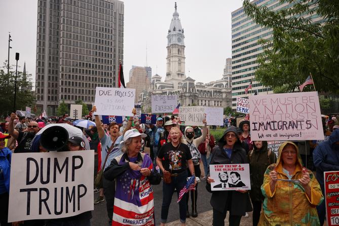 Demonstrators participate in the "No Kings" protest, Saturday, June 14, 2025, in Philadelphia.
