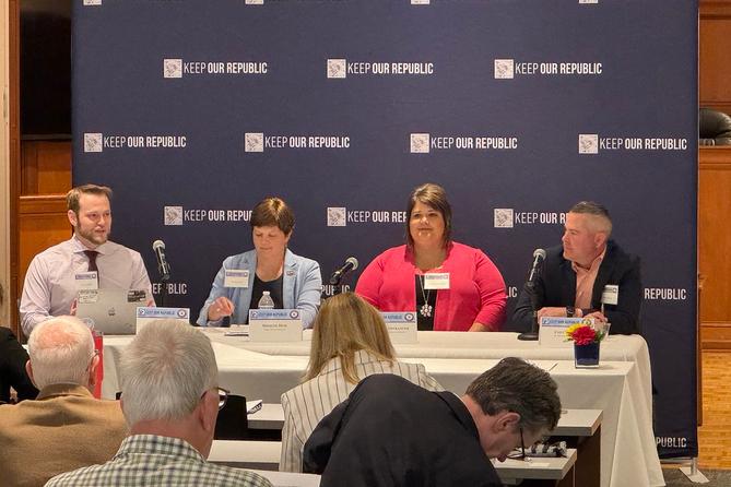 An election Q&A at Duquesne University. L to R: Votebeat's Carter Walker; Indiana County's Sherene Hess; Washington County's Melanie Ostrander; Allegheny County's Chet Harhut.