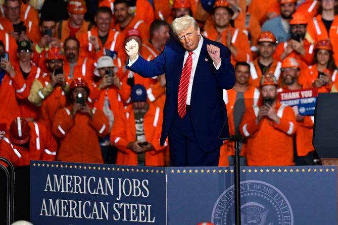 President Donald Trump dances after speaking at the U.S. Steel Mon Valley Works-Irvin plant in West Mifflin, PA.
