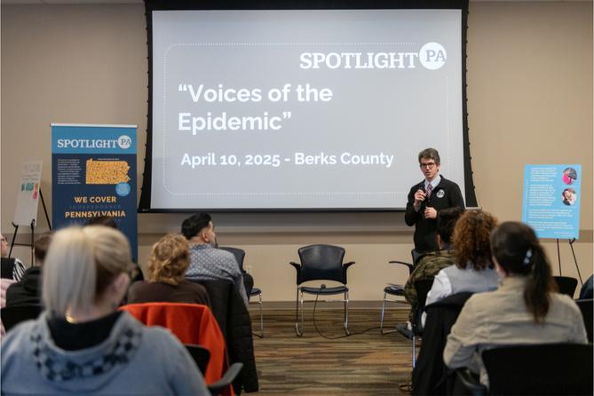 Spotlight PA reporter Ed Mahon addresses the crowd during a community forum in Berks County in April 2025. Spotlight PA reporter Ed Mahon addresses the crowd during a community forum in Berks County in April 2025.