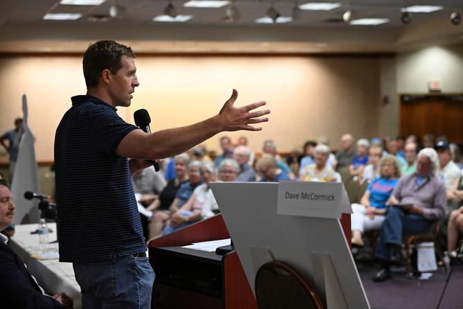 Conor Lamb speaks to the crowd at a town hall-style event organized by progressive groups at Central Penn College, Sunday, June 22, 2025, in Enola, PA.