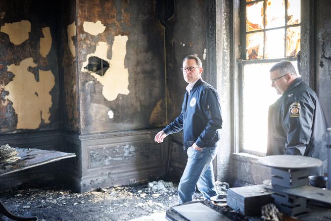 Gov. Josh Shapiro tours the residence after an April 2025 arson attack.